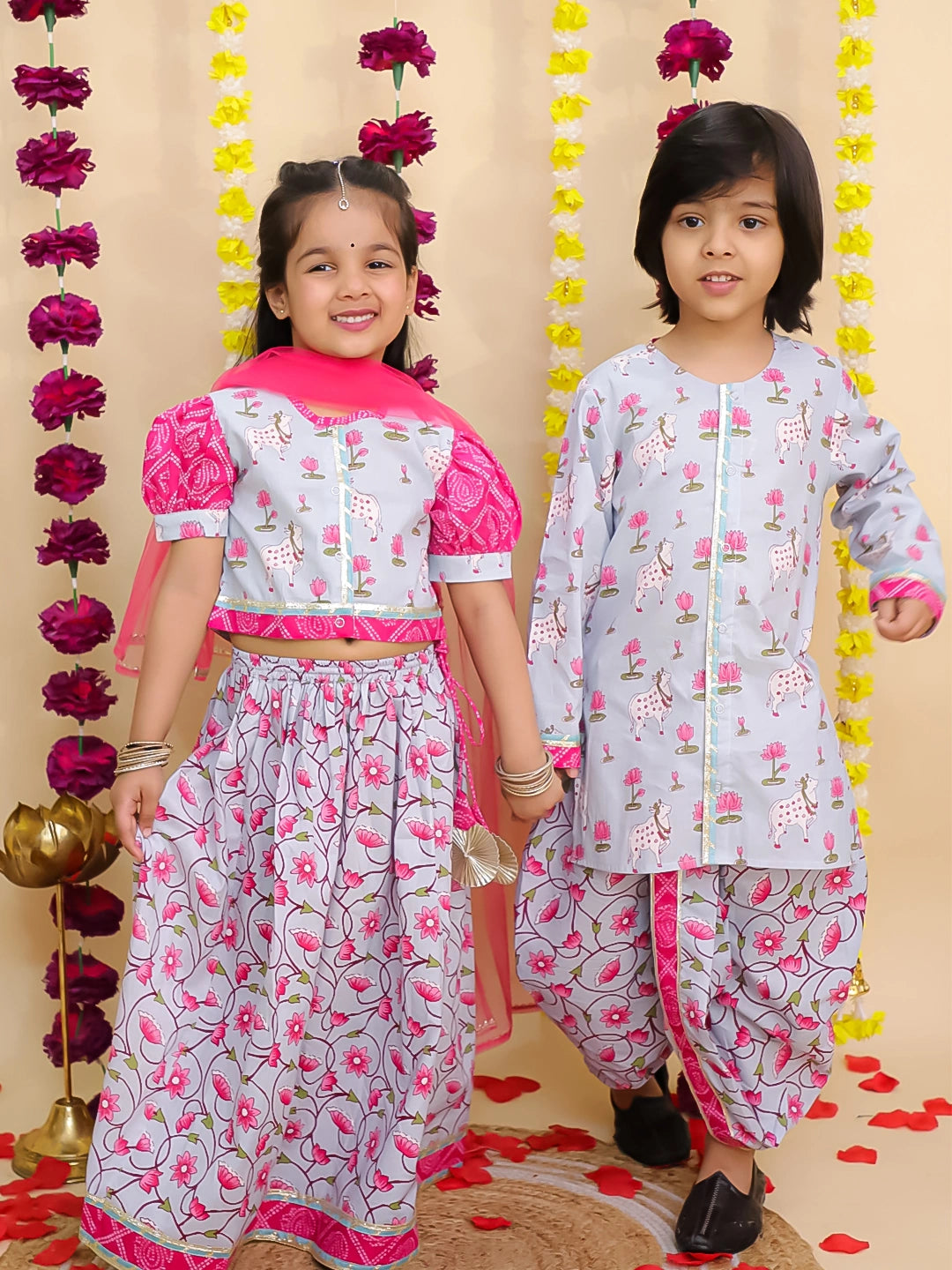 BownBee Pure Cotton Pichwai Printed Lehenga Choli & Dhoti Kurta Sibling Set - Sky Blue