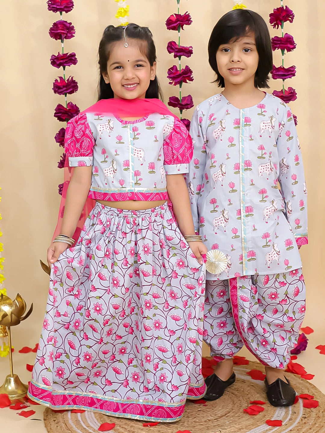 BownBee Pure Cotton Pichwai Printed Lehenga Choli & Dhoti Kurta Sibling Set - Sky Blue