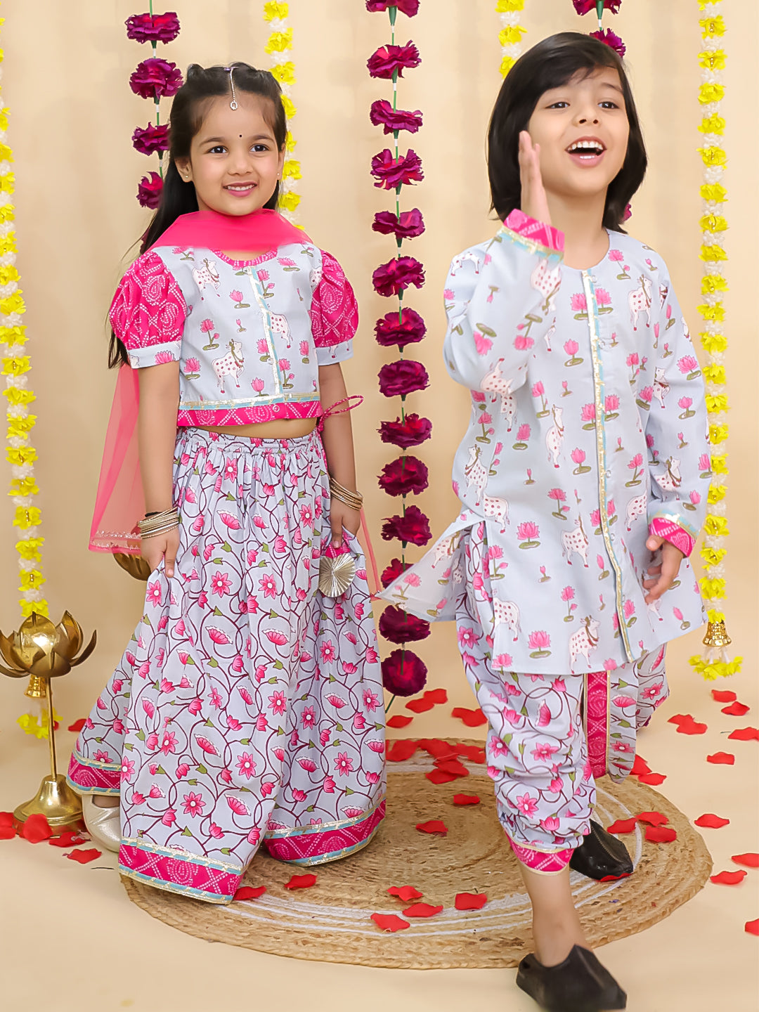 BownBee Pure Cotton Pichwai Printed Lehenga Choli & Dhoti Kurta Sibling Set - Sky Blue