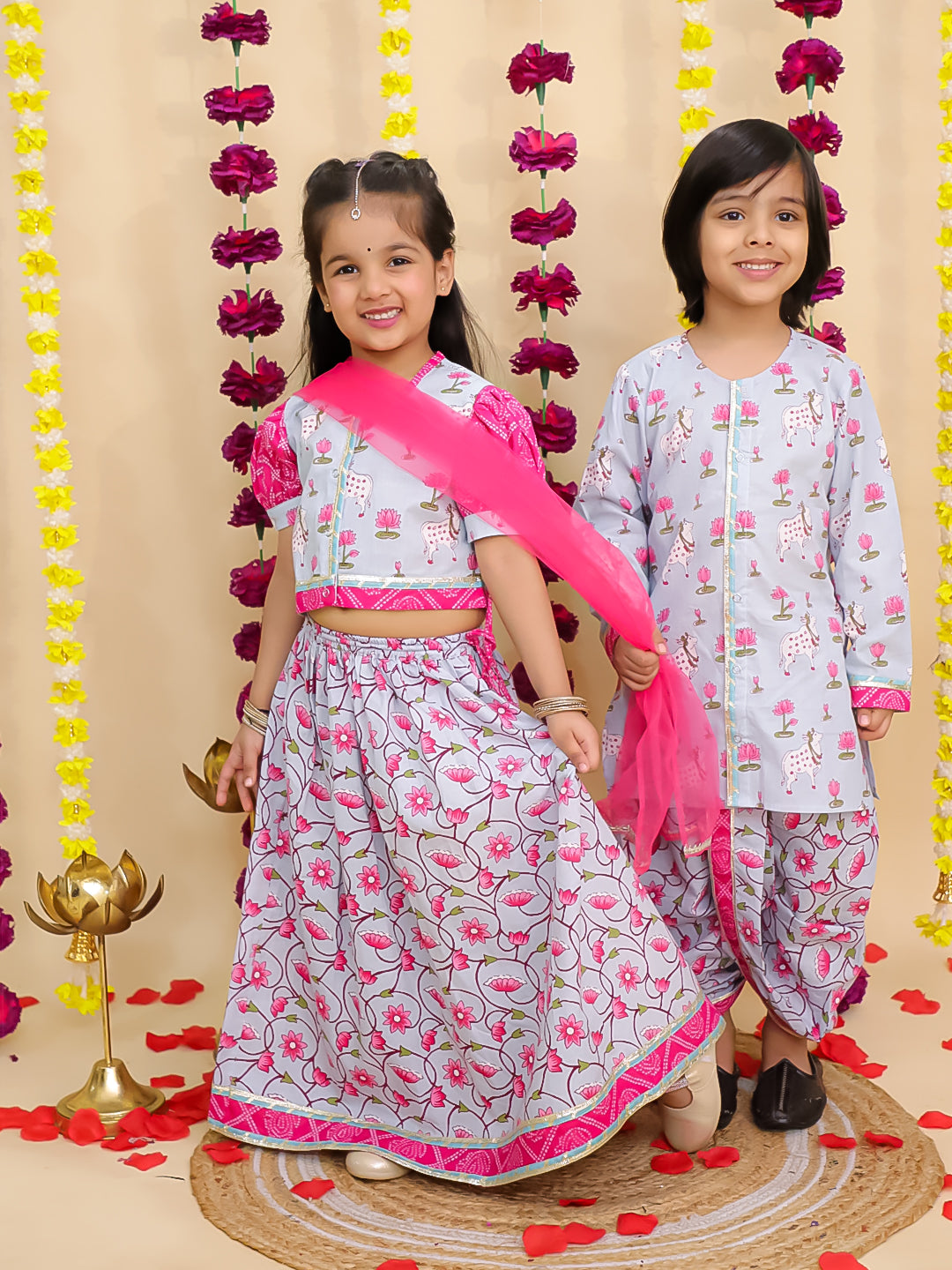 BownBee Pure Cotton Pichwai Printed Lehenga Choli & Dhoti Kurta Sibling Set - Sky Blue