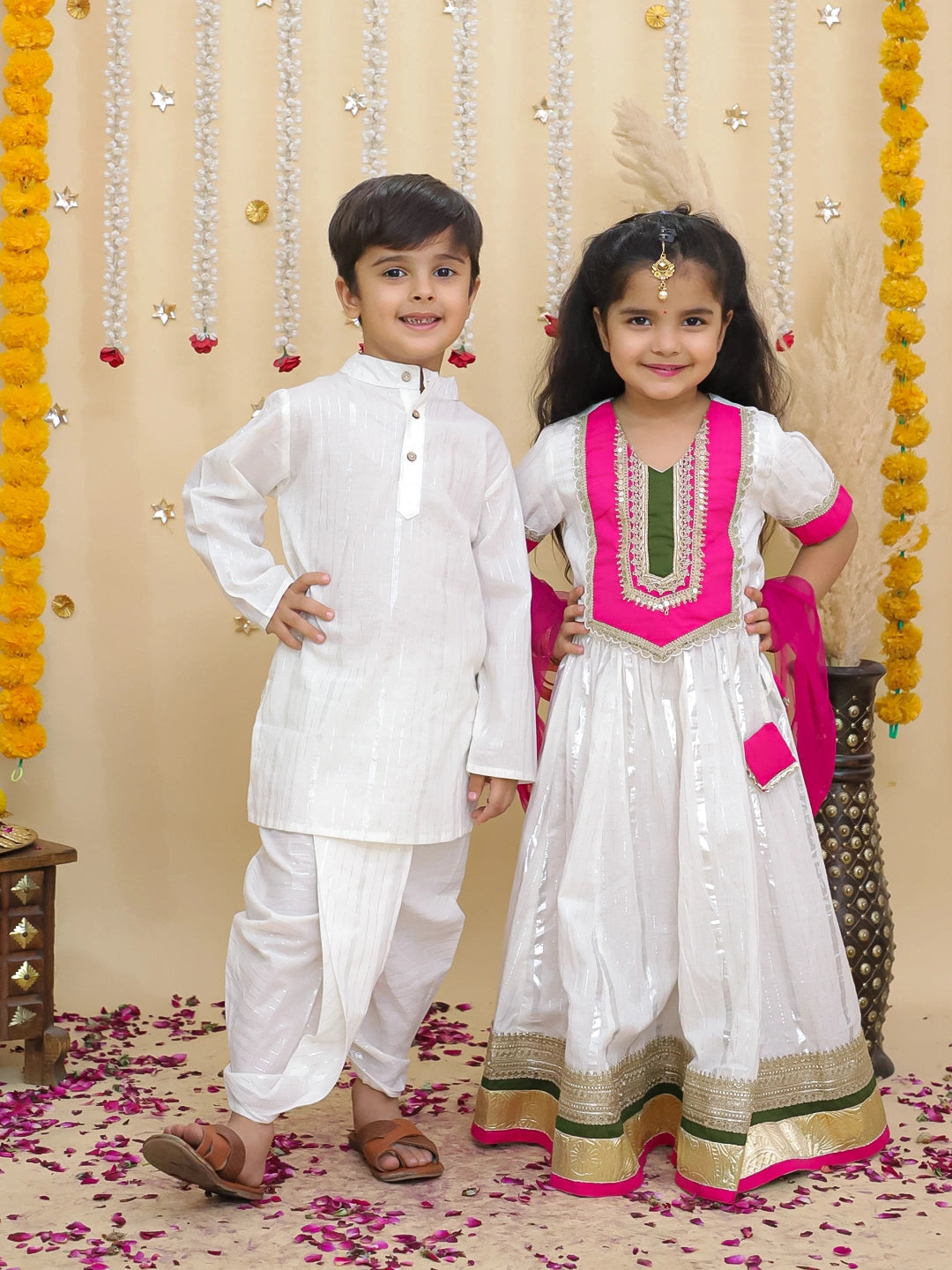 BownBee Pure Cotton Lurex Dhoti Kurta & Lehenga Choli With Dupatta Sibling Set