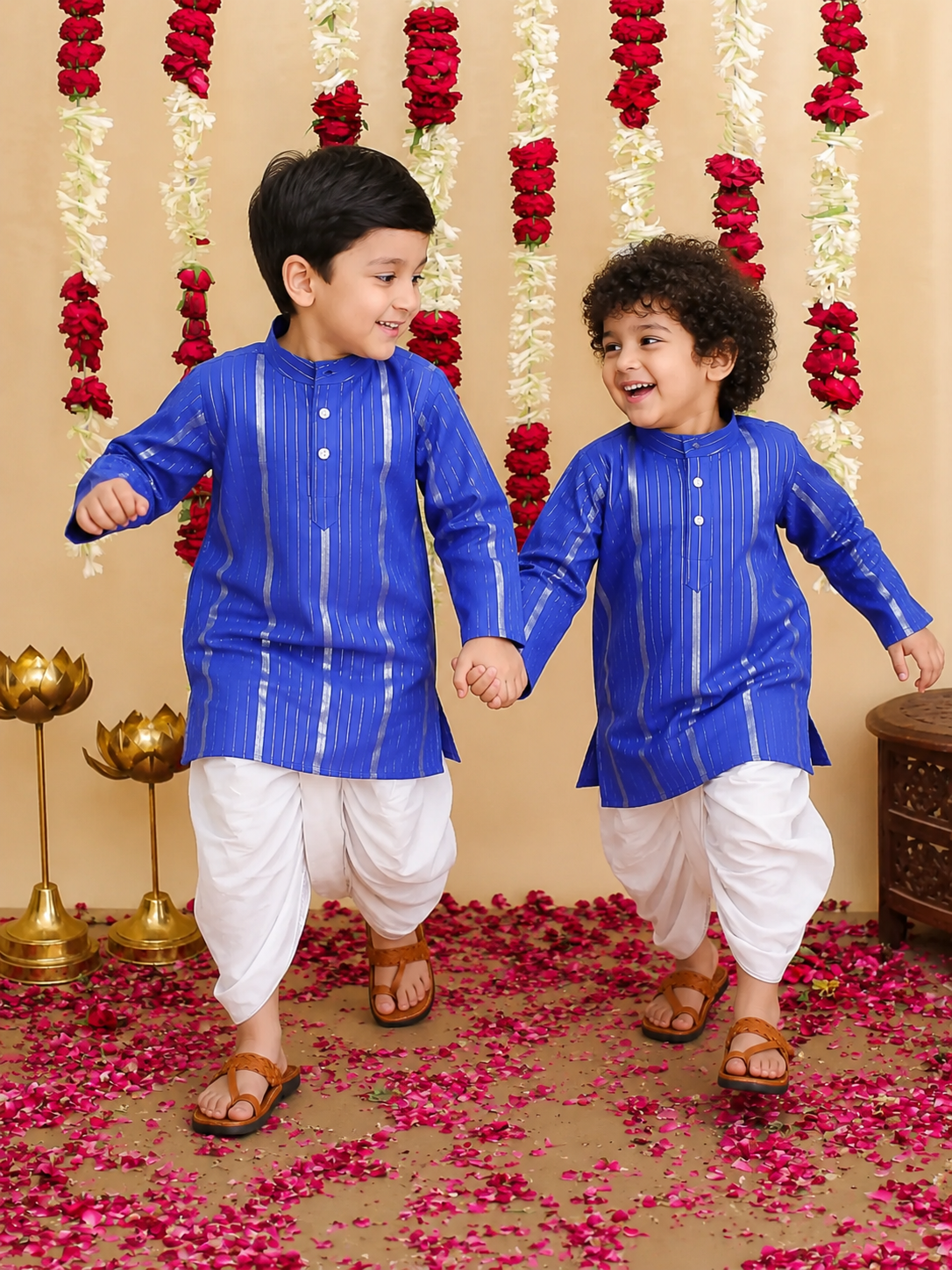 BownBee Lurex Dhoti Kurta Sibling Set Combo - Blue
