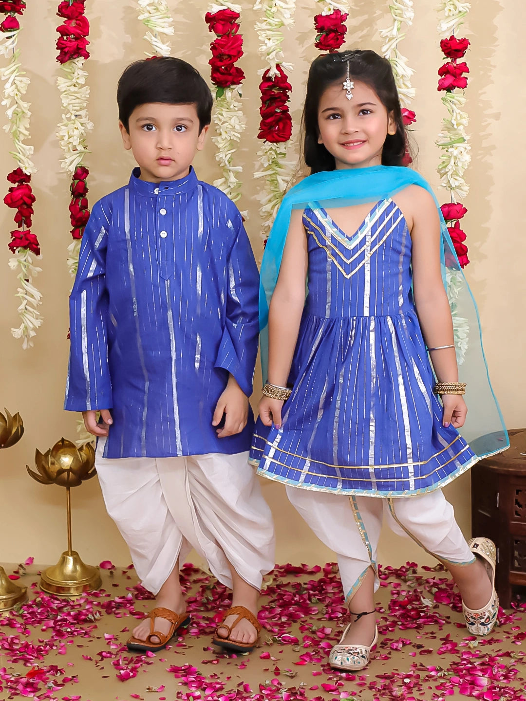 BownBee Pure Cotton Lurex Suit & Dhoti Kurta Sibling Set | Rakhi & Festive Outfit for Brothers and Sisters – Blue