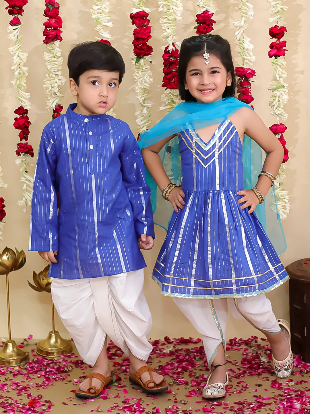 BownBee Pure Cotton Lurex Suit & Dhoti Kurta Sibling Set | Rakhi & Festive Outfit for Brothers and Sisters – Blue