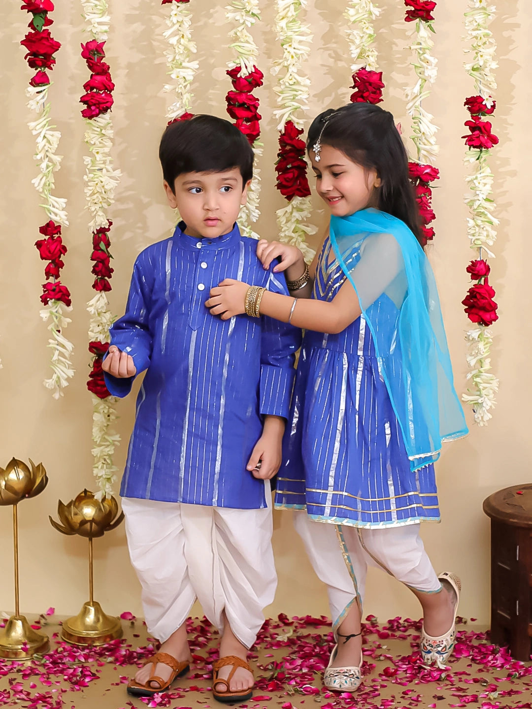 BownBee Pure Cotton Lurex Suit & Dhoti Kurta Sibling Set | Rakhi & Festive Outfit for Brothers and Sisters – Blue