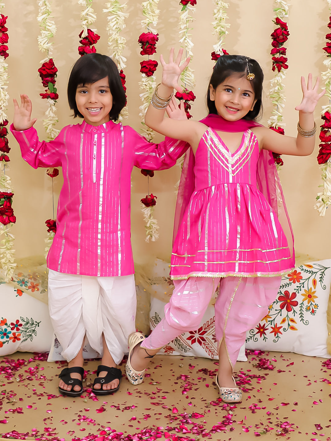BownBee Pure Cotton Lurex Suit & Dhoti Kurta Sibling Set | Ethnic Wear for Brothers and Sisters - Pink