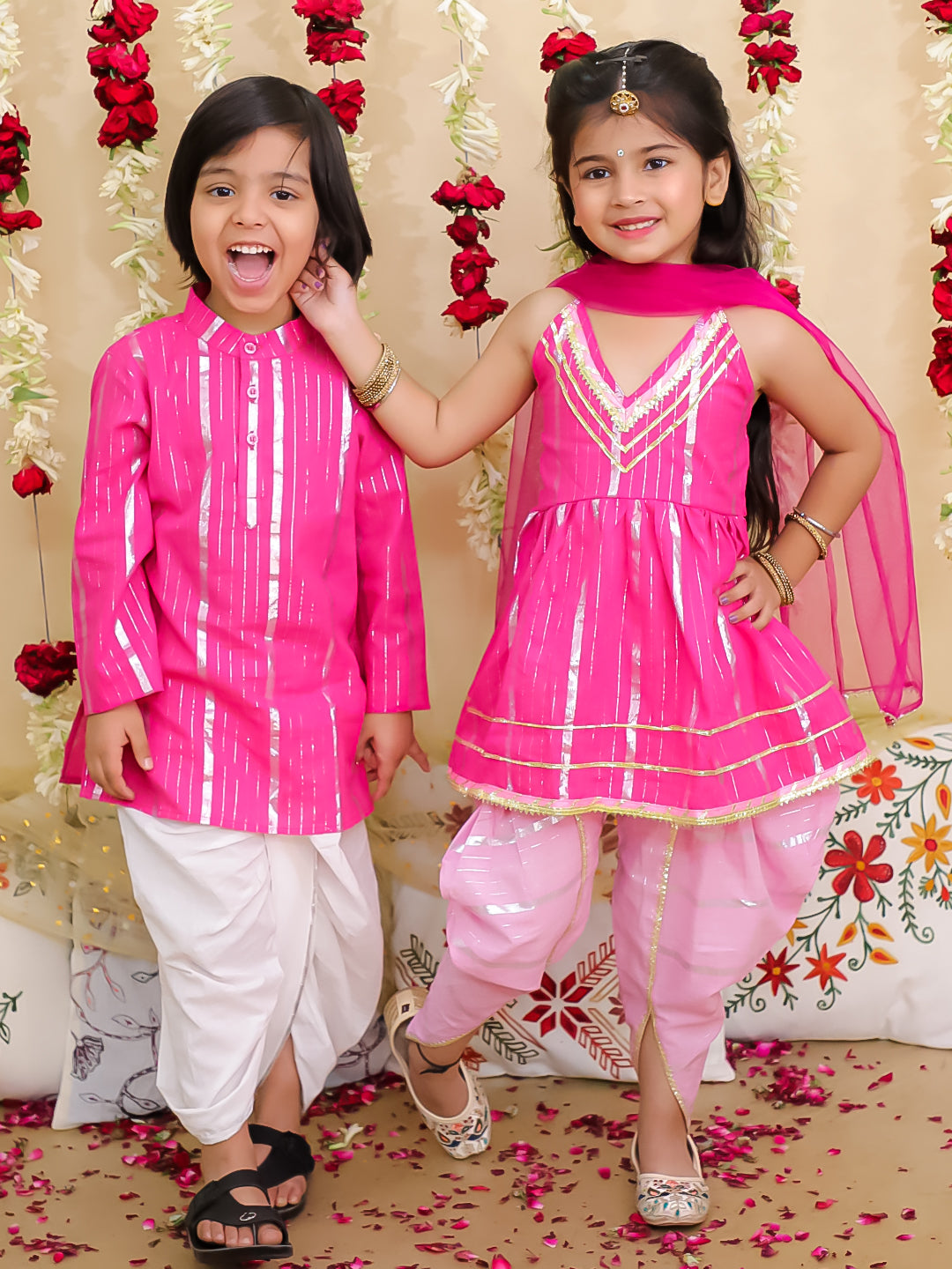 BownBee Pure Cotton Lurex Suit & Dhoti Kurta Sibling Set | Ethnic Wear for Brothers and Sisters - Pink