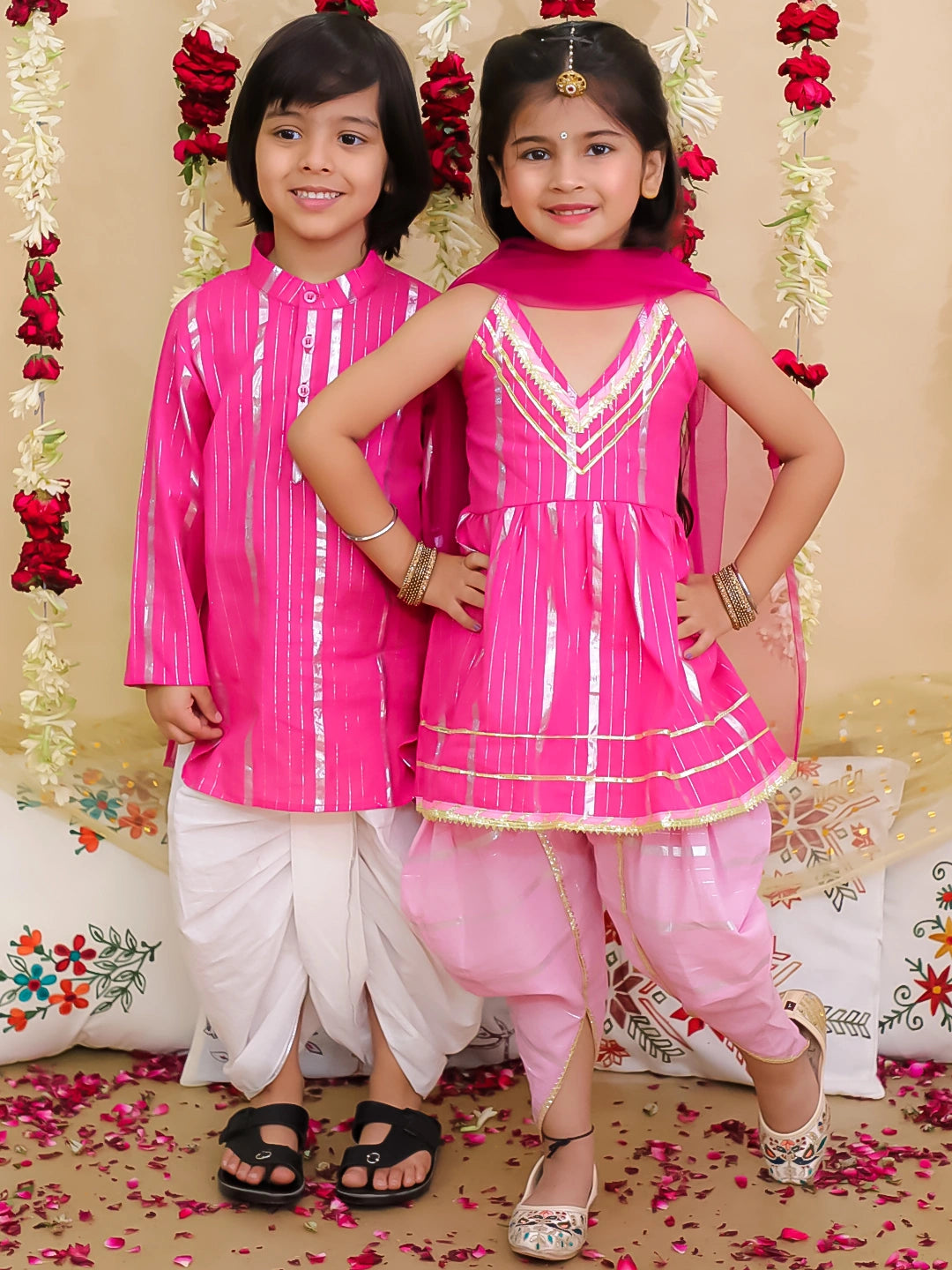 BownBee Pure Cotton Lurex Suit & Dhoti Kurta Sibling Set | Ethnic Wear for Brothers and Sisters - Pink