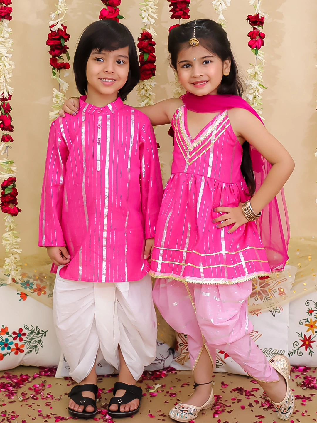 BownBee Pure Cotton Lurex Suit & Dhoti Kurta Sibling Set | Ethnic Wear for Brothers and Sisters - Pink