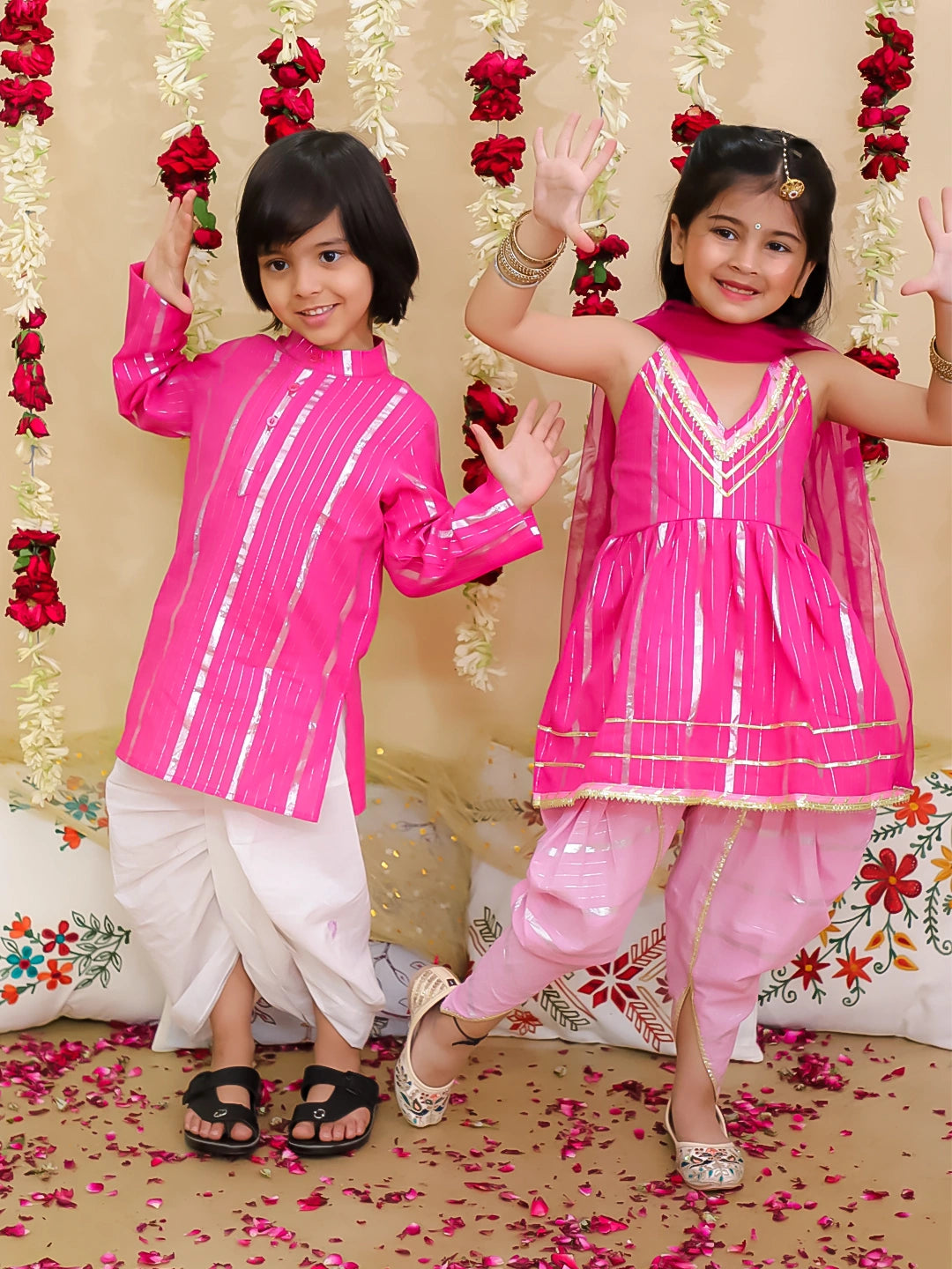 BownBee Pure Cotton Lurex Suit & Dhoti Kurta Sibling Set | Ethnic Wear for Brothers and Sisters - Pink