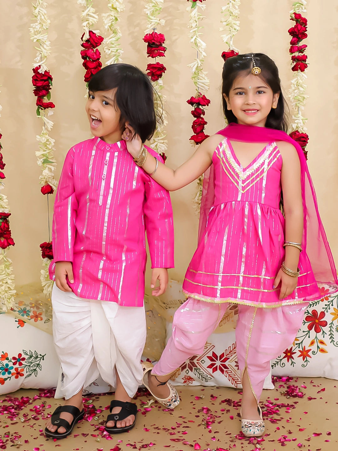 BownBee Pure Cotton Lurex Suit & Dhoti Kurta Sibling Set | Ethnic Wear for Brothers and Sisters - Pink