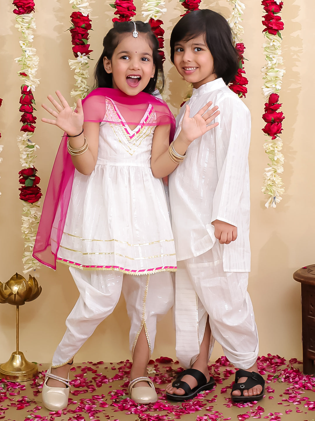BownBee Pure Cotton Lurex Suit & Dhoti Kurta Sibling Set | Ethnic Wear for Brothers and Sisters - White