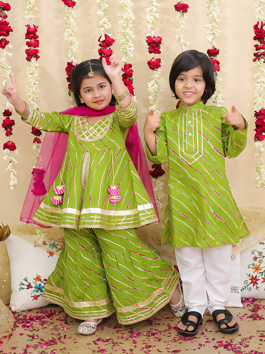 BownBee Pure Cotton Lurex Sharara Set & Kurta Pajama Sibling Set - Green