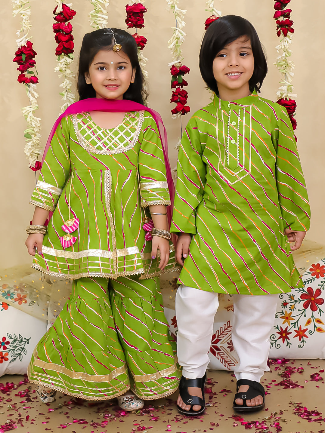 BownBee Pure Cotton Lurex Sharara Set & Kurta Pajama Sibling Set - Green