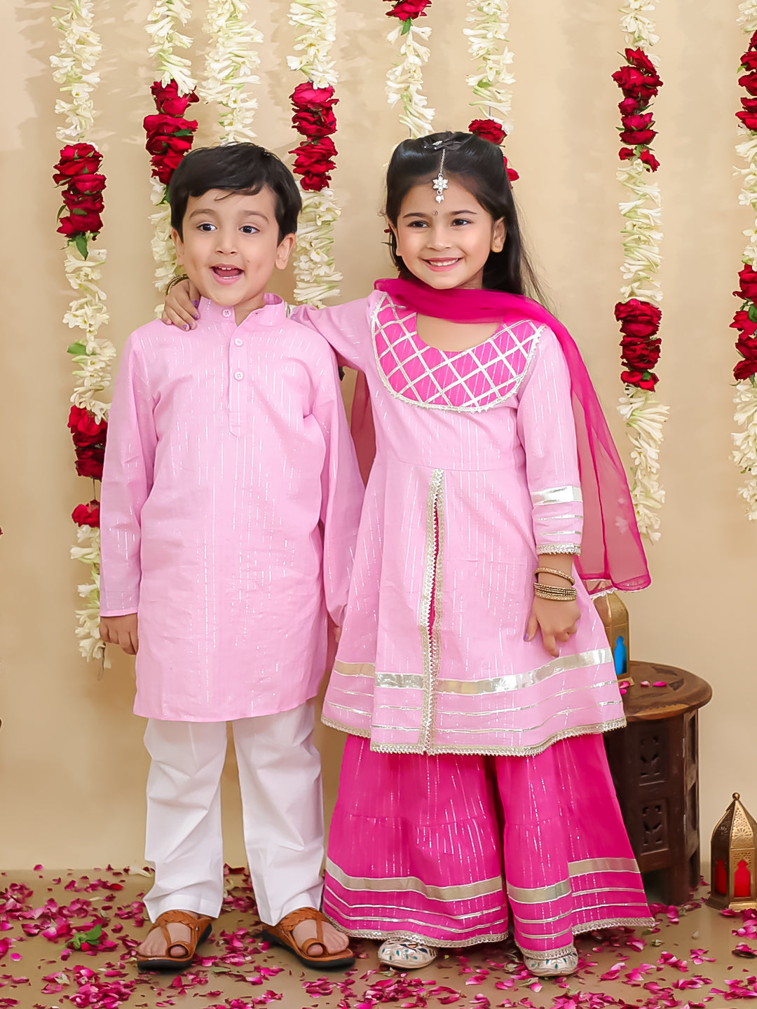 BownBee Pure Cotton Lurex Sharara Set & Kurta Pajama Sibling Set -Pink