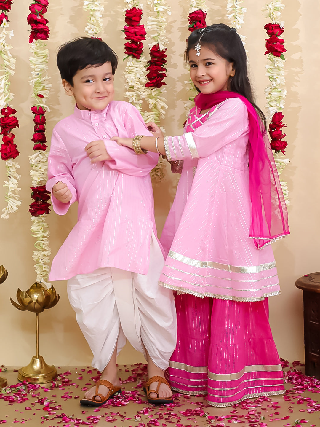 BownBee Pure Cotton Lurex Sharara Set & Kurta Pajama Sibling Set -Pink