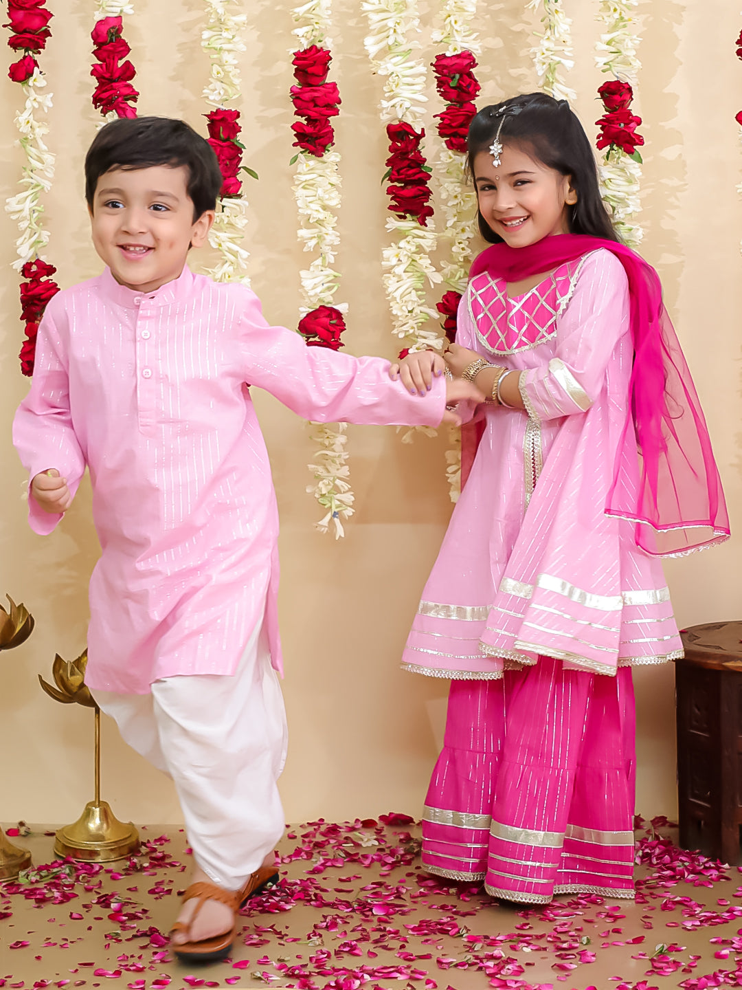 BownBee Pure Cotton Lurex Sharara Set & Kurta Pajama Sibling Set -Pink
