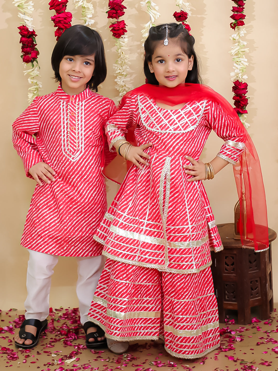 BownBee Pure Cotton Lurex Sharara Set & Kurta Pajama Sibling Set - Red