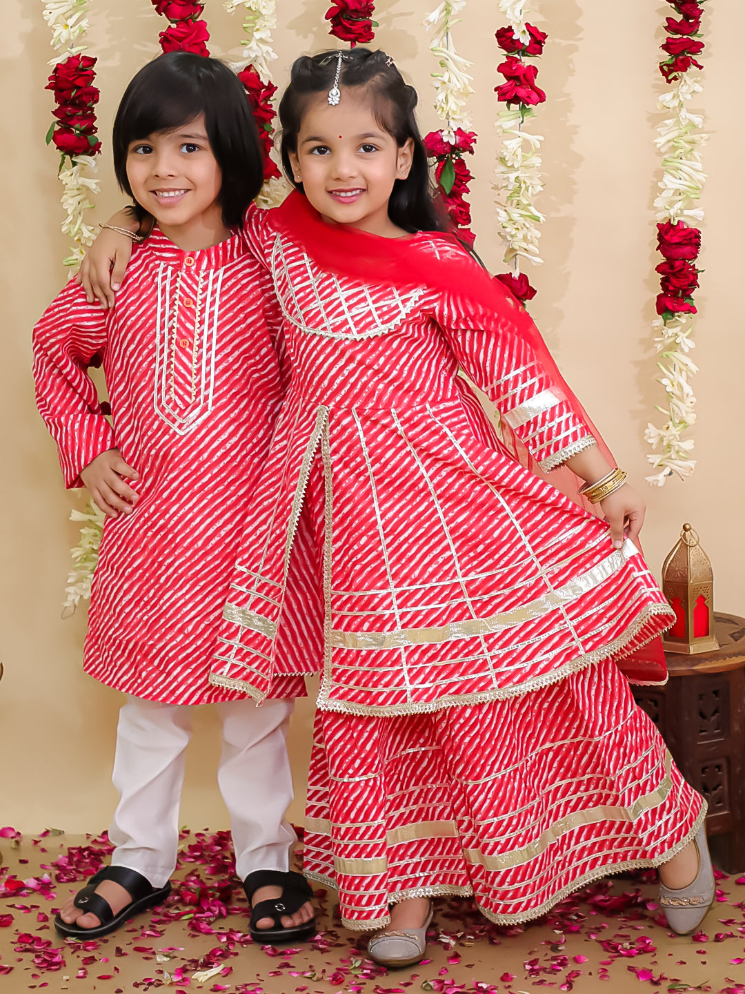 BownBee Pure Cotton Lurex Sharara Set & Kurta Pajama Sibling Set - Red