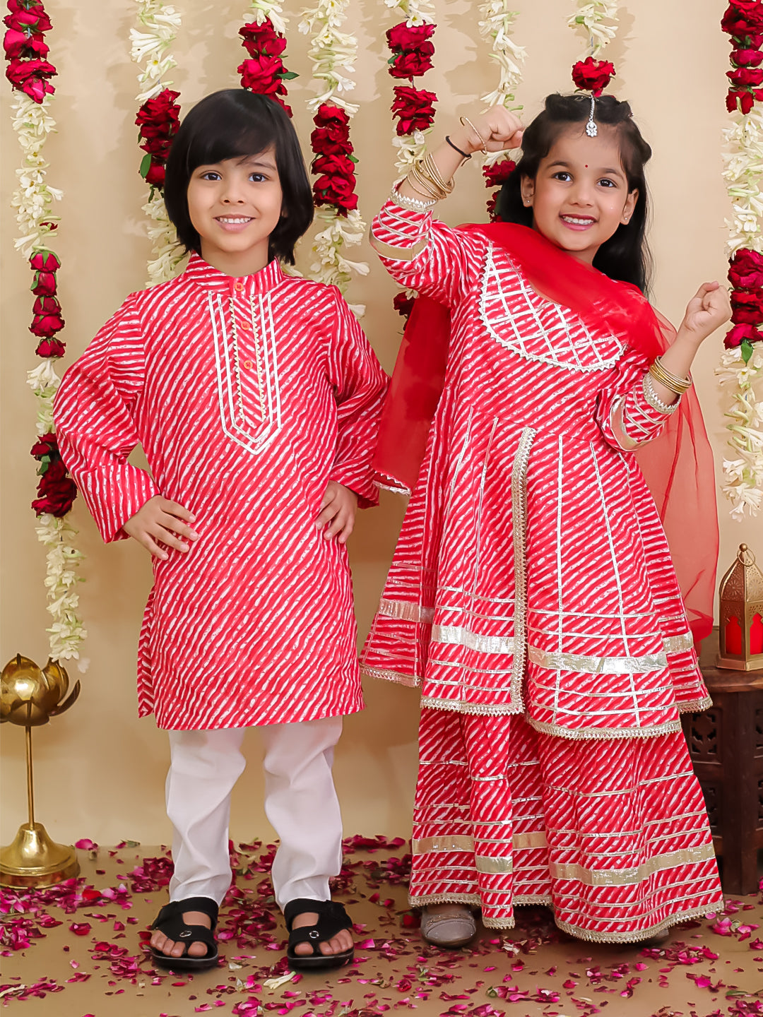 BownBee Pure Cotton Lurex Sharara Set & Kurta Pajama Sibling Set - Red