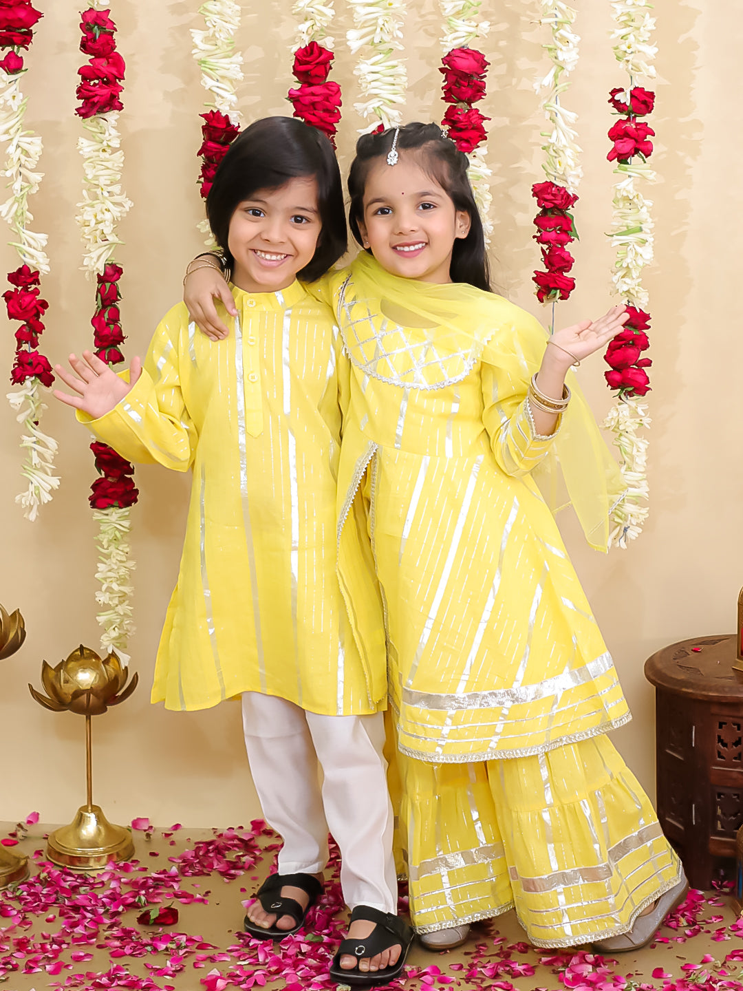 BownBee Pure Cotton Lurex Sharara Set & Kurta Pajama Sibling Set - Yellow