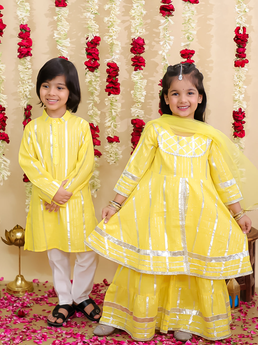 BownBee Pure Cotton Lurex Sharara Set & Kurta Pajama Sibling Set - Yellow