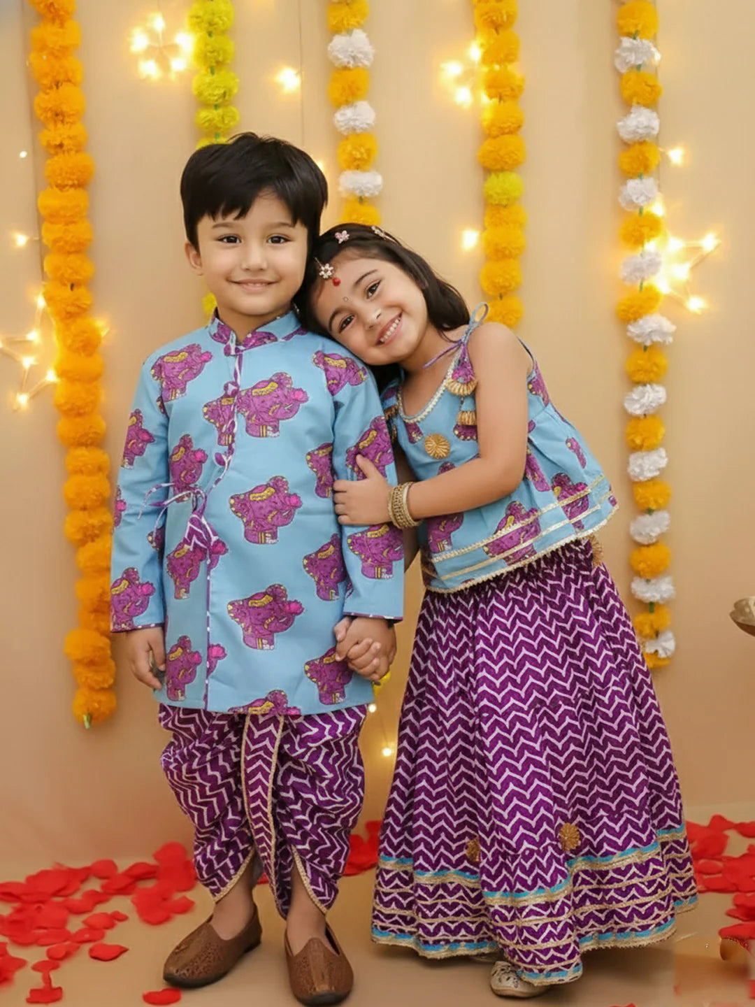 BownBee Festive Quirky Printed  Kanhaiya Dhoti Kurta With Lehenga Choli Sibling Set