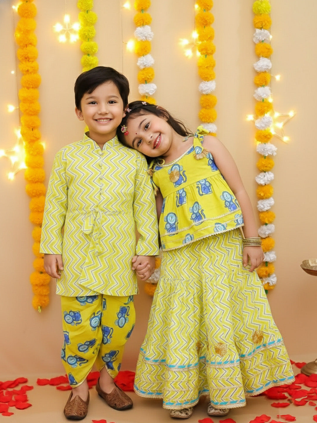 BownBee Festive Quirky Printed Dhoti Kurta With Lehenga Choli Sibling Set