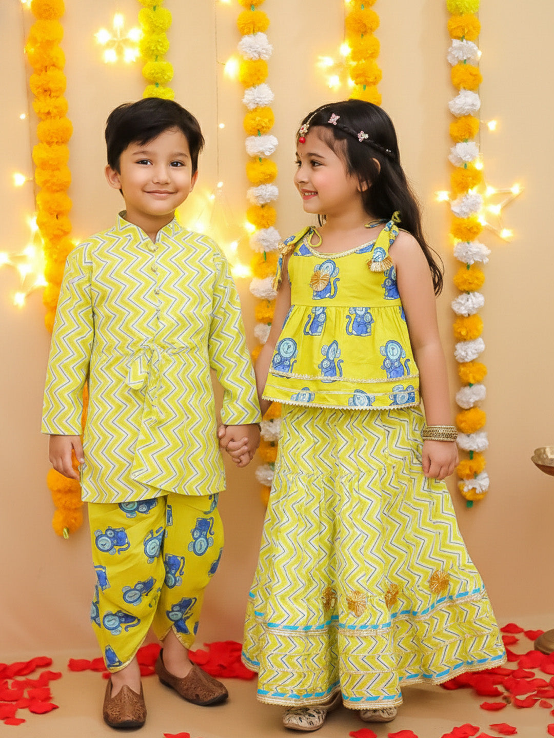 BownBee Festive Quirky Printed Dhoti Kurta With Lehenga Choli Sibling Set