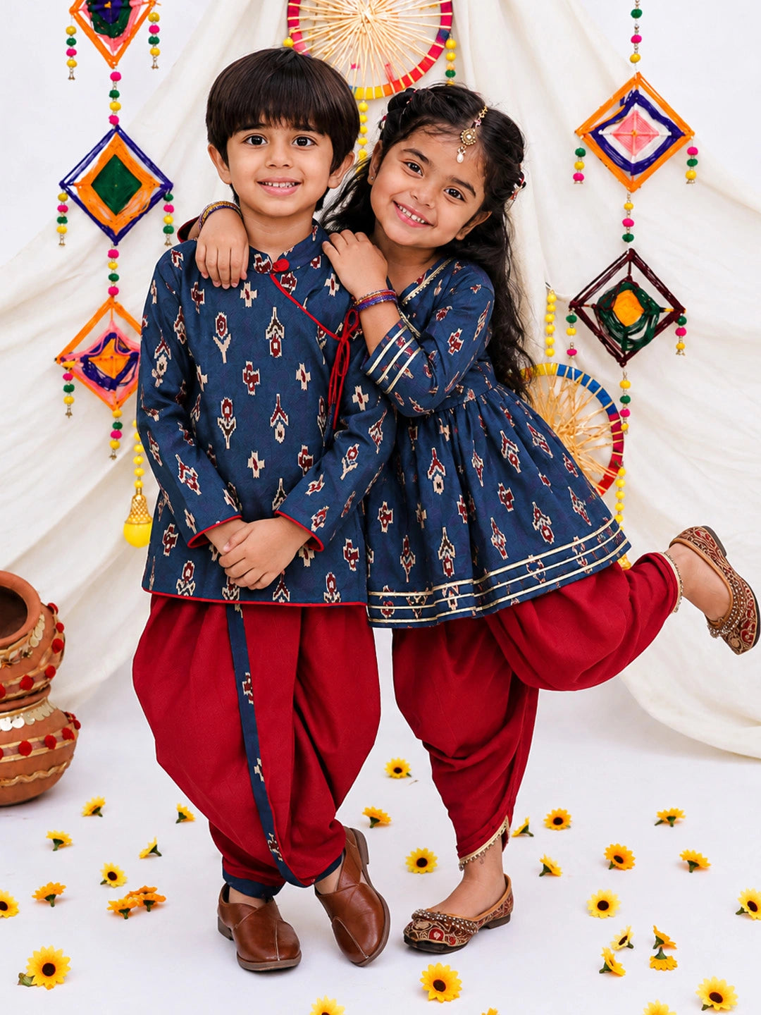 BownBee Pure Cotton Bandhni Kurti Dhoti &  Dhoti Kurta Sibling Set