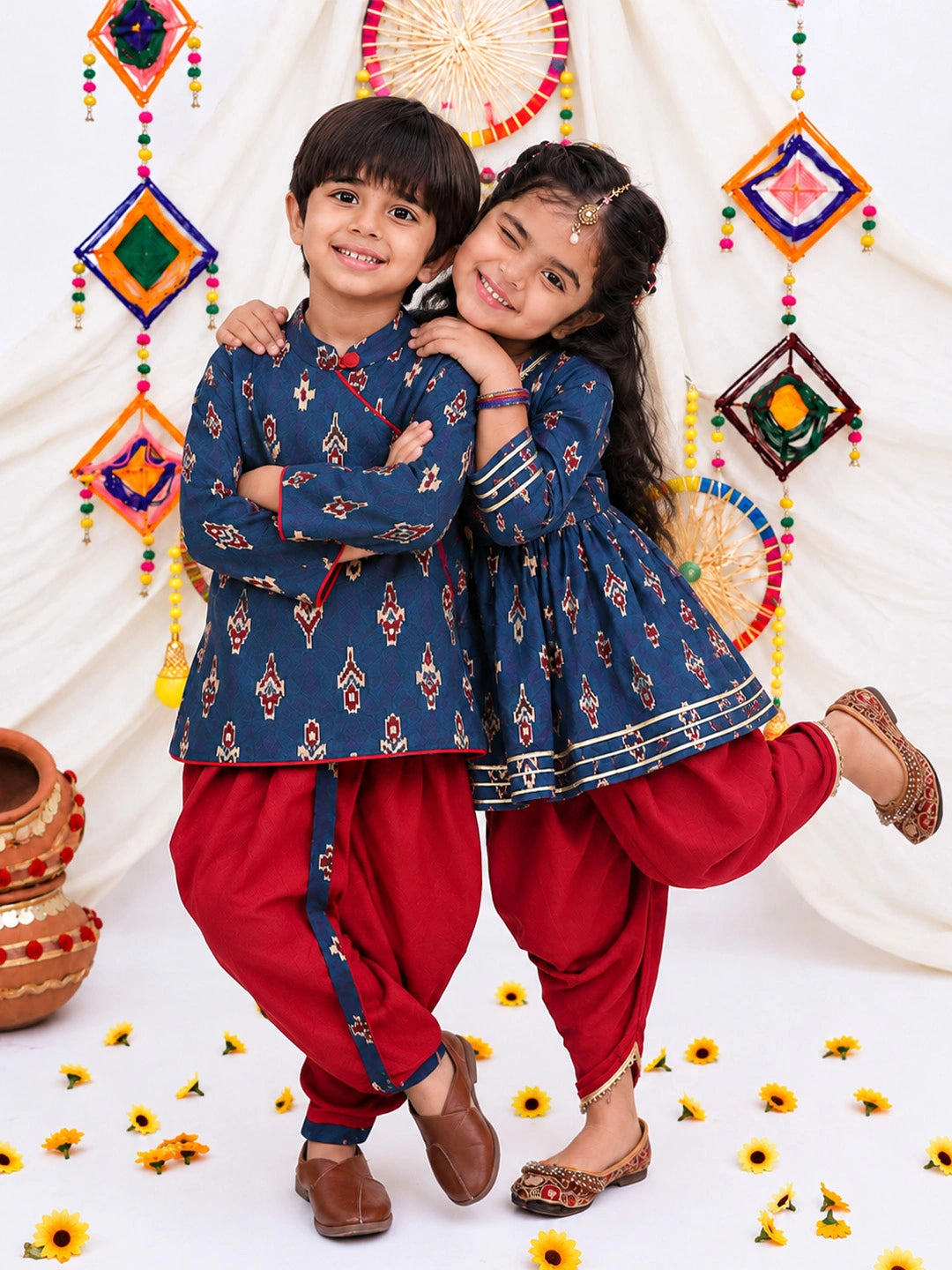 BownBee Pure Cotton Bandhni Kurti Dhoti &  Dhoti Kurta Sibling Set