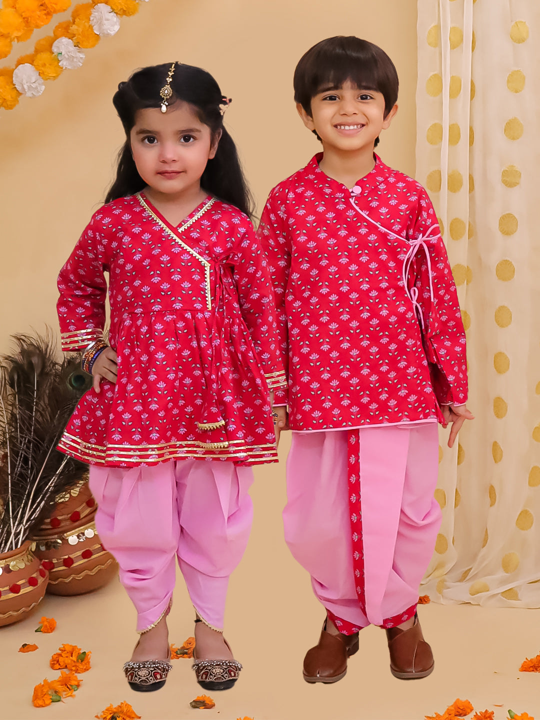 BownBee Pure Cotton Bandhni Kurti Dhoti & Dhoti Kurta Sibling Set - Red