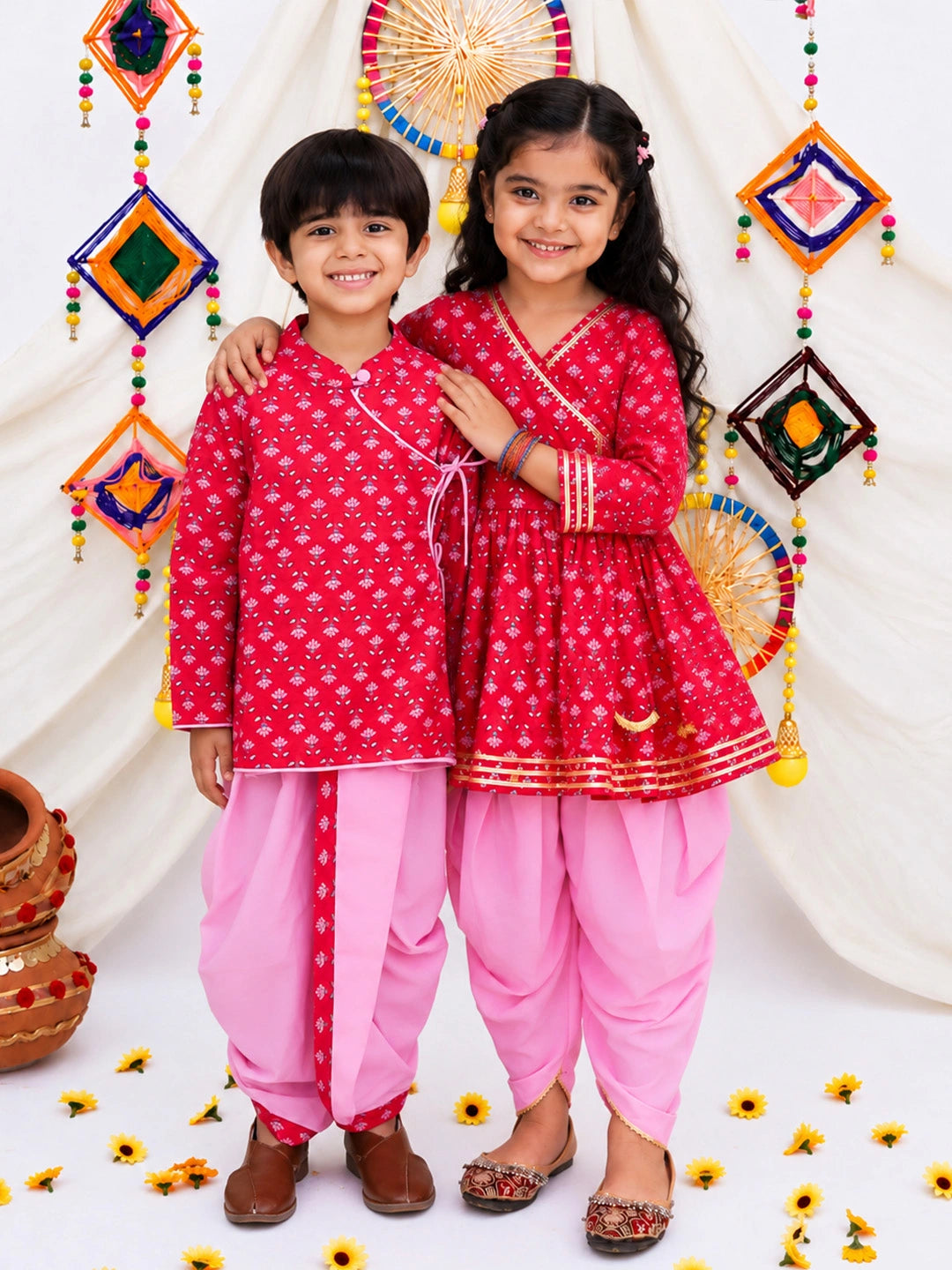 BownBee Pure Cotton Bandhni Kurti Dhoti &  Dhoti Kurta Sibling Set