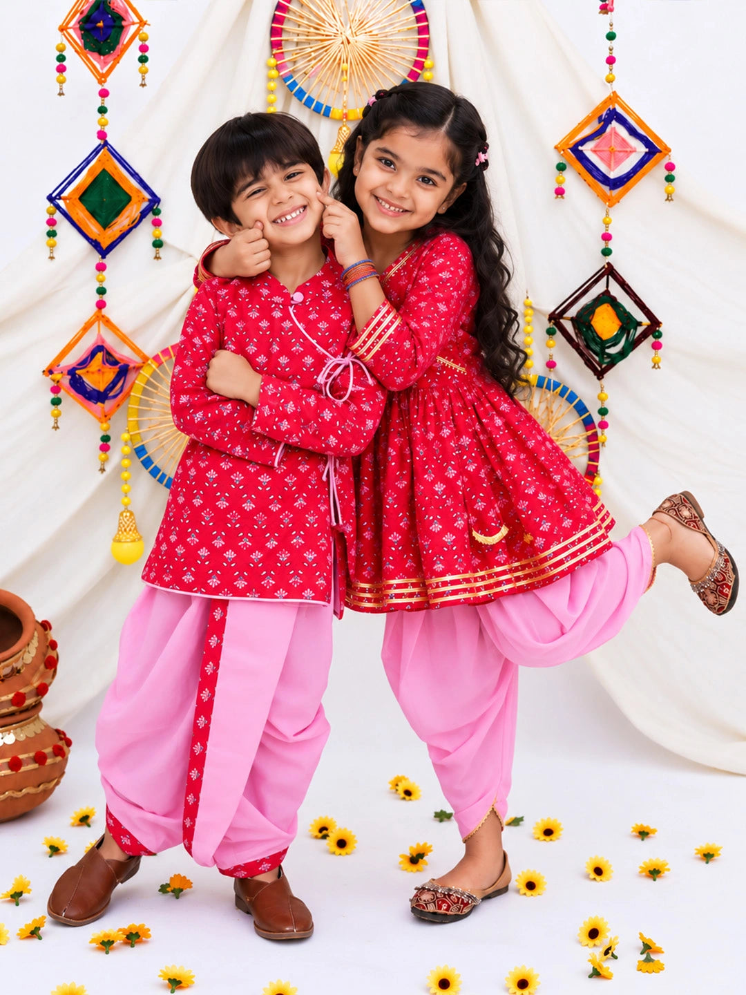 BownBee Pure Cotton Bandhni Kurti Dhoti &  Dhoti Kurta Sibling Set