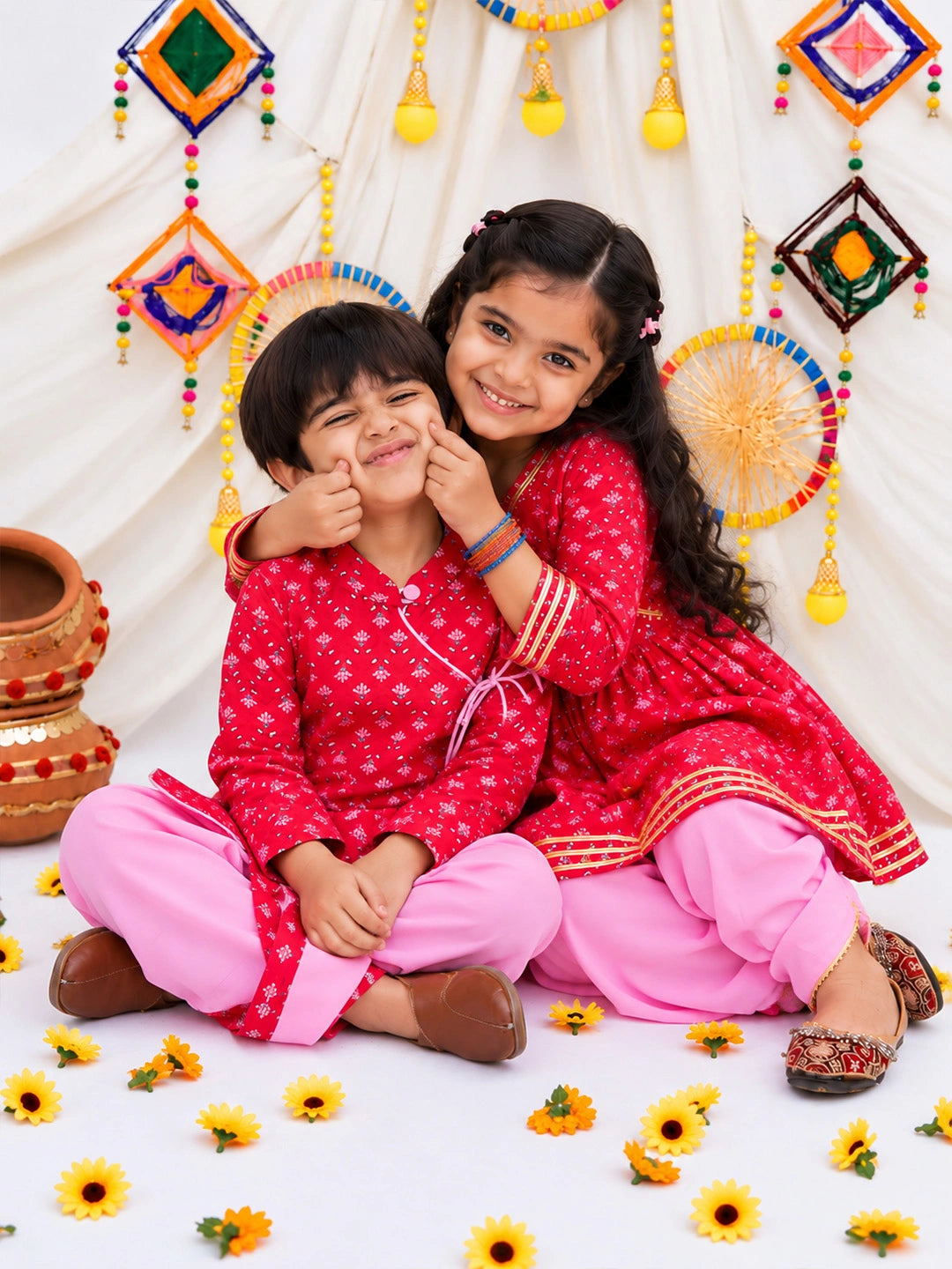 BownBee Pure Cotton Bandhni Kurti Dhoti &  Dhoti Kurta Sibling Set