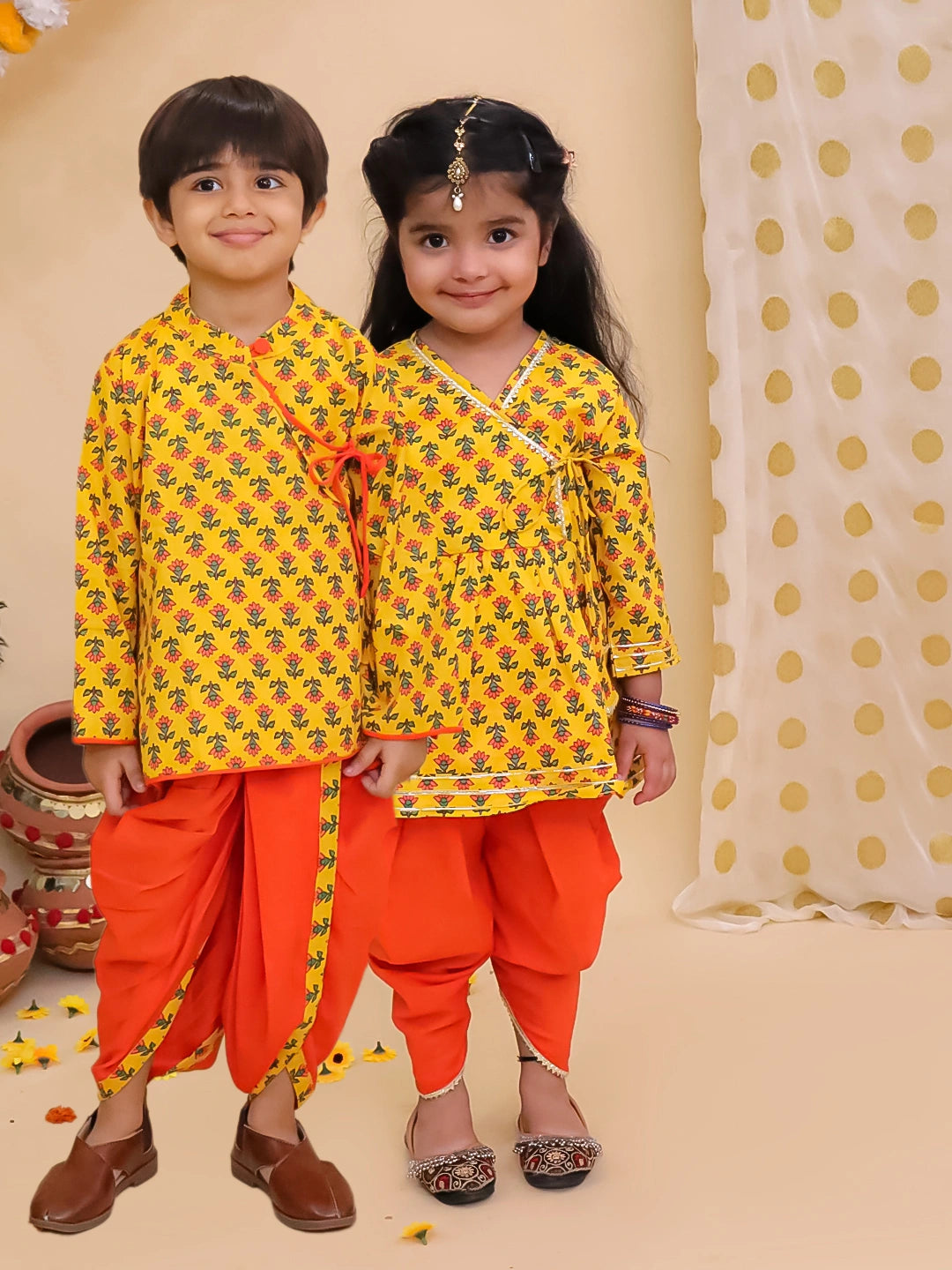 BownBee Pure Cotton Bandhni Kurti Dhoti & Dhoti Kurta Sibling Set - Yellow