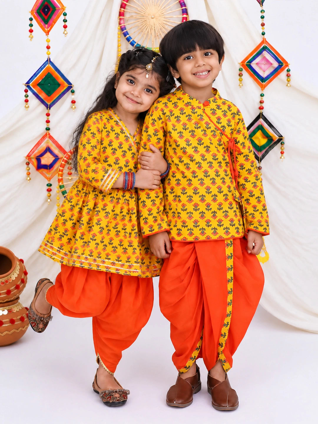 BownBee Pure Cotton Bandhni Kurti Dhoti &  Dhoti Kurta Sibling Set