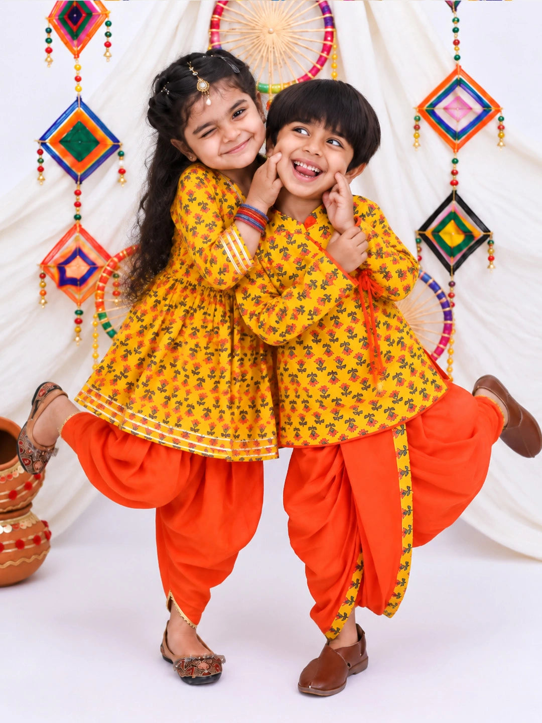 BownBee Pure Cotton Bandhni Kurti Dhoti &  Dhoti Kurta Sibling Set