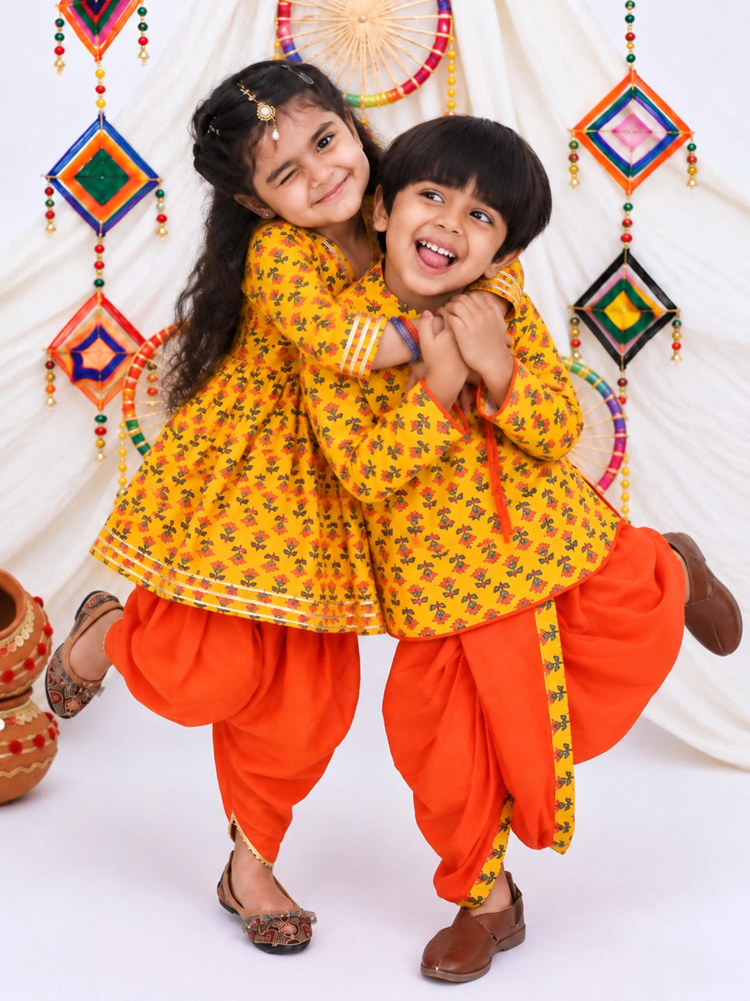 BownBee Pure Cotton Bandhni Kurti Dhoti &  Dhoti Kurta Sibling Set