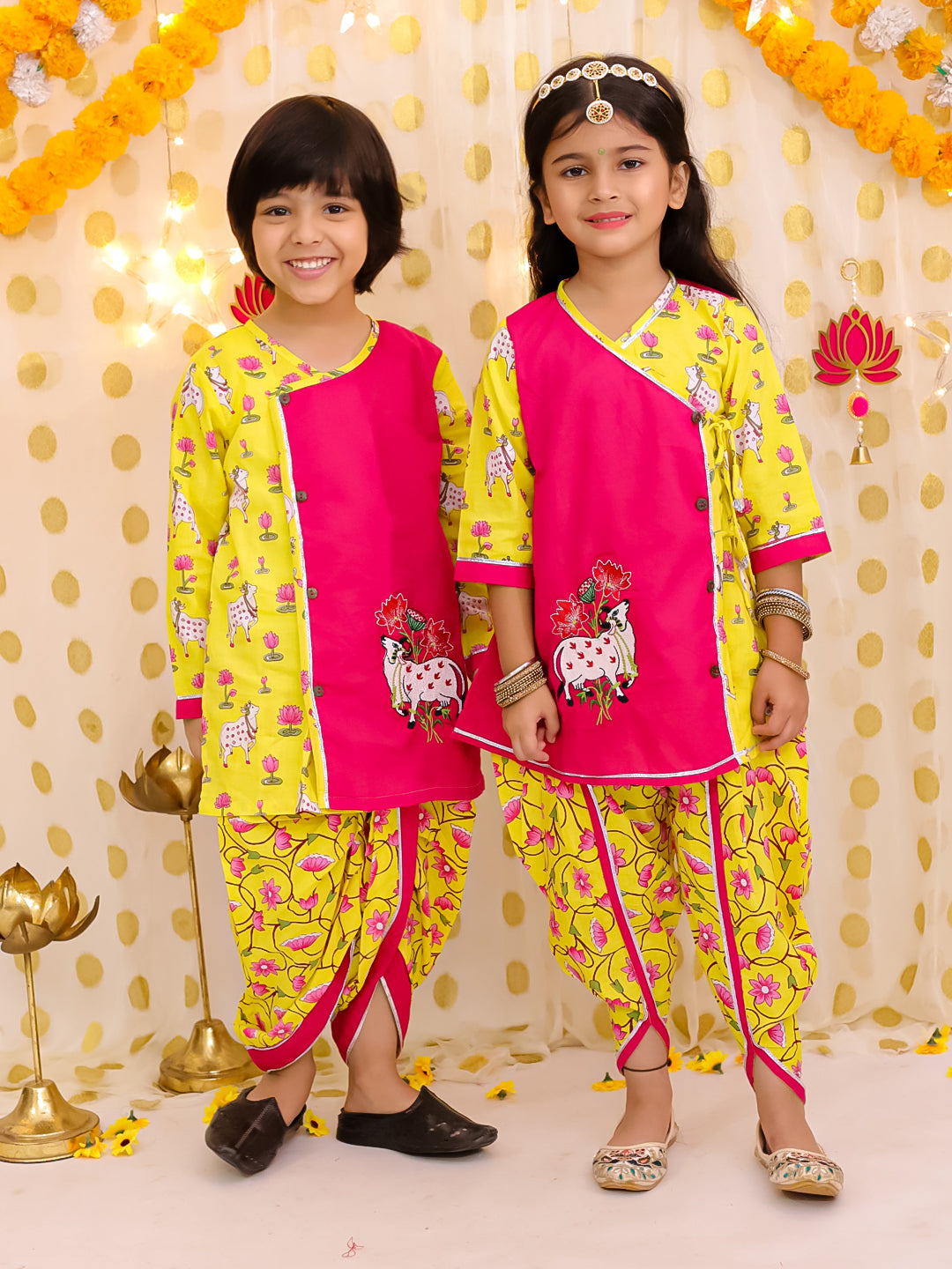 BownBee Pure Cotton Embroidered Kurti Dhoti With Dhoti Kurta Sibling Set - Pink