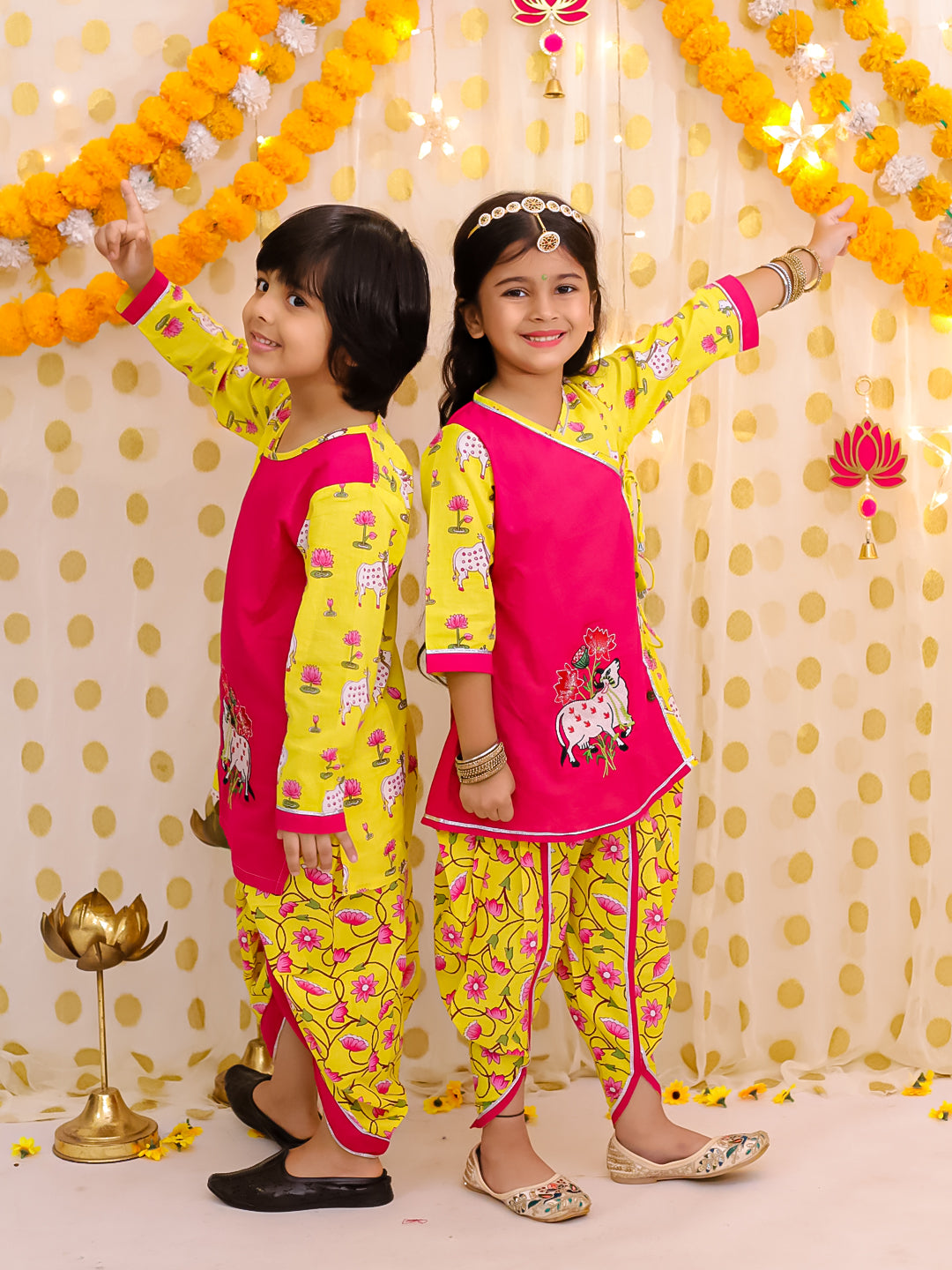 BownBee Pure Cotton Embroidered Kurti Dhoti With Dhoti Kurta Sibling Set - Pink