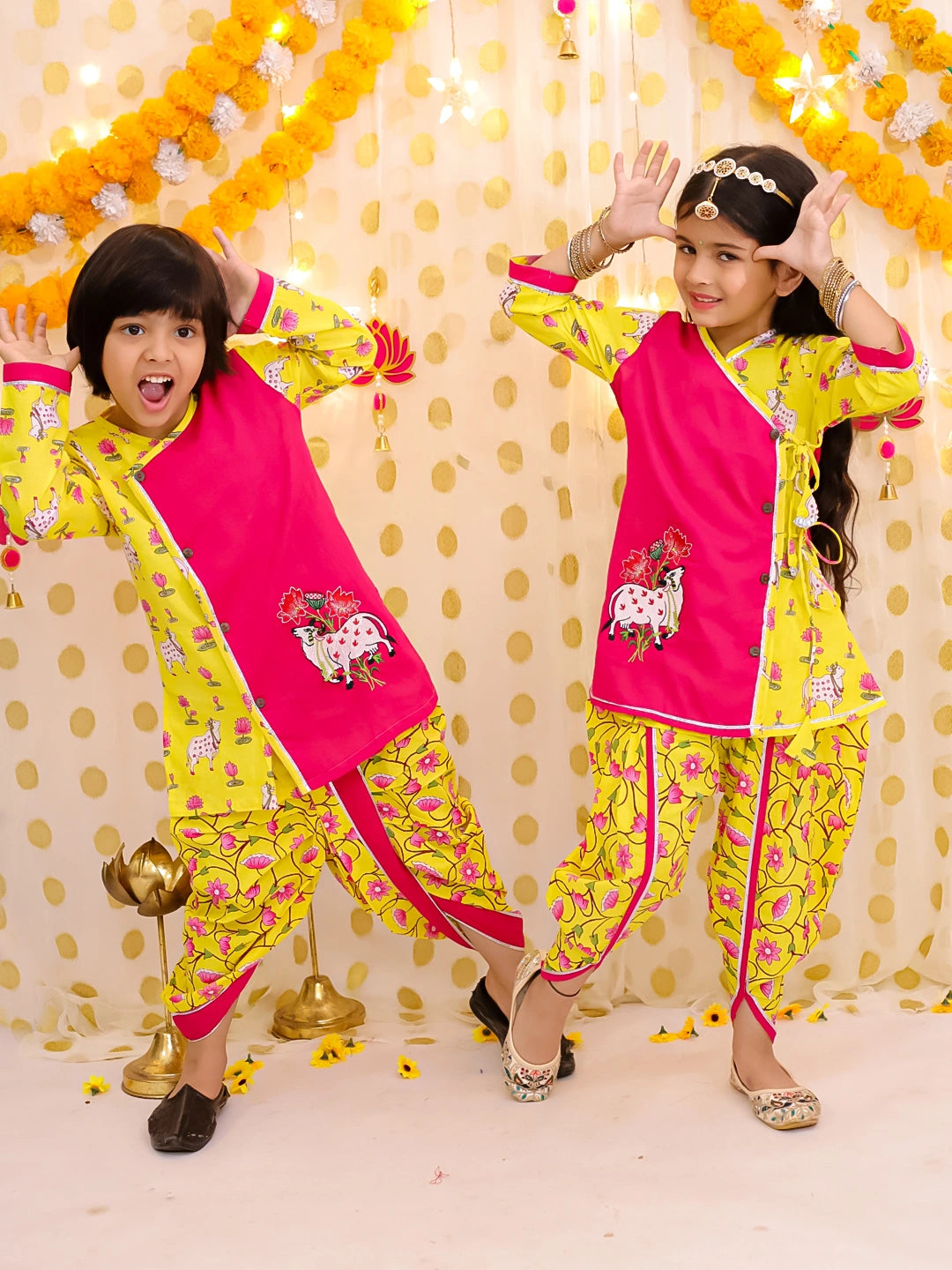 BownBee Pure Cotton Embroidered Kurti Dhoti With Dhoti Kurta Sibling Set - Pink