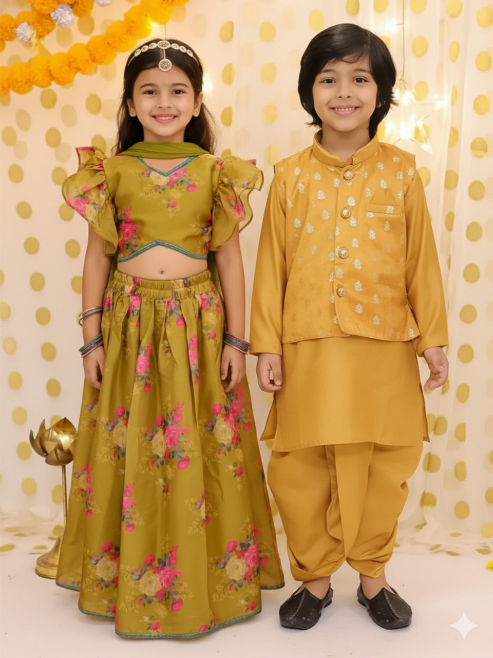 BownBee Floral Lehenga Choli With Chanderi Jacket Dhoti Kurta Sibling Set - Mustard