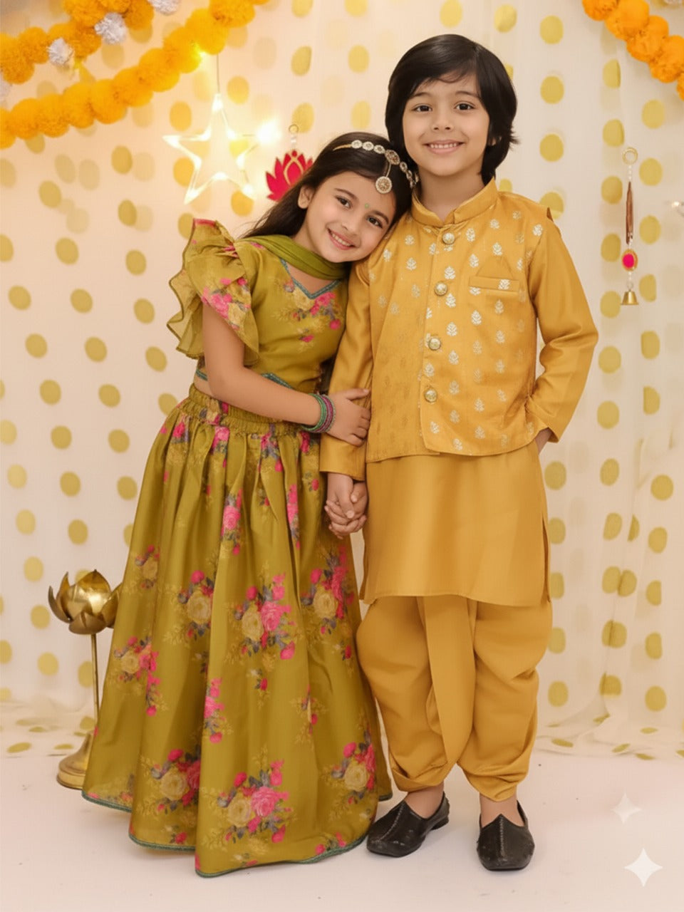 BownBee Floral Lehenga Choli With Chanderi Jacket Dhoti Kurta Sibling Set - Mustard
