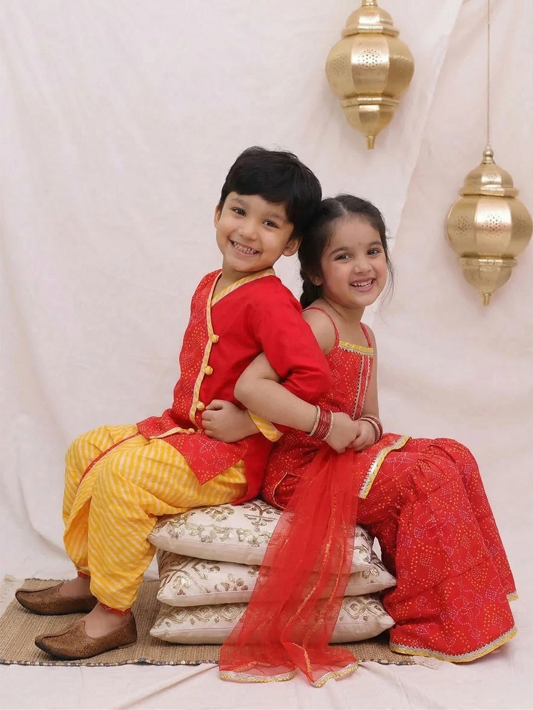 BownBee Pure cotton Dhoti Kurta & Ethnic Suit With Dupatta Sibling Set