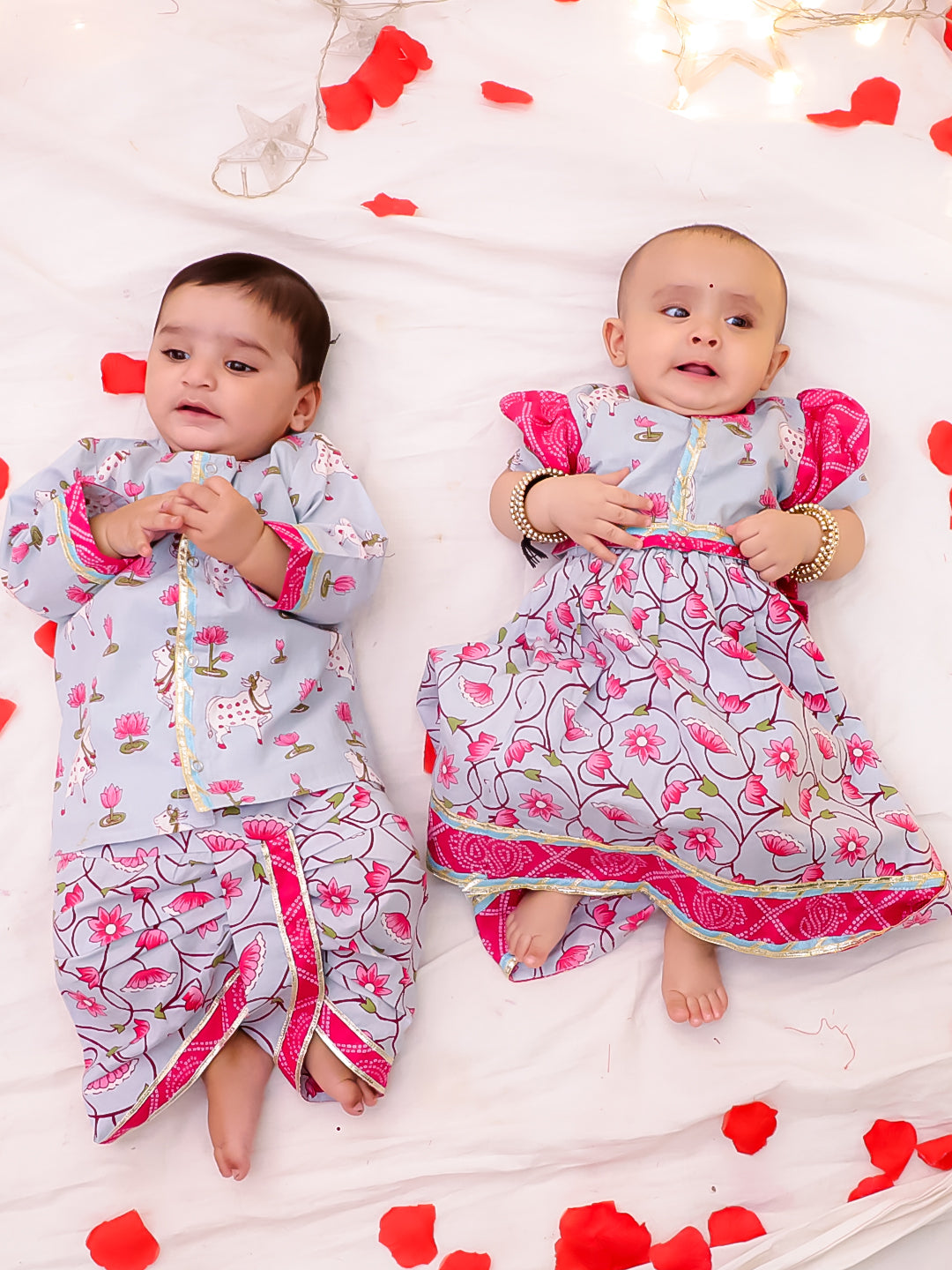BownBee Festive Lehenga Choli & Dhoti Kurta Sibling Set for Infants | Traditional Rakhi & Wedding Wear – BownBee Festive Lehenga Choli & Dhoti Kurta Sibling Set For Infants - Pink