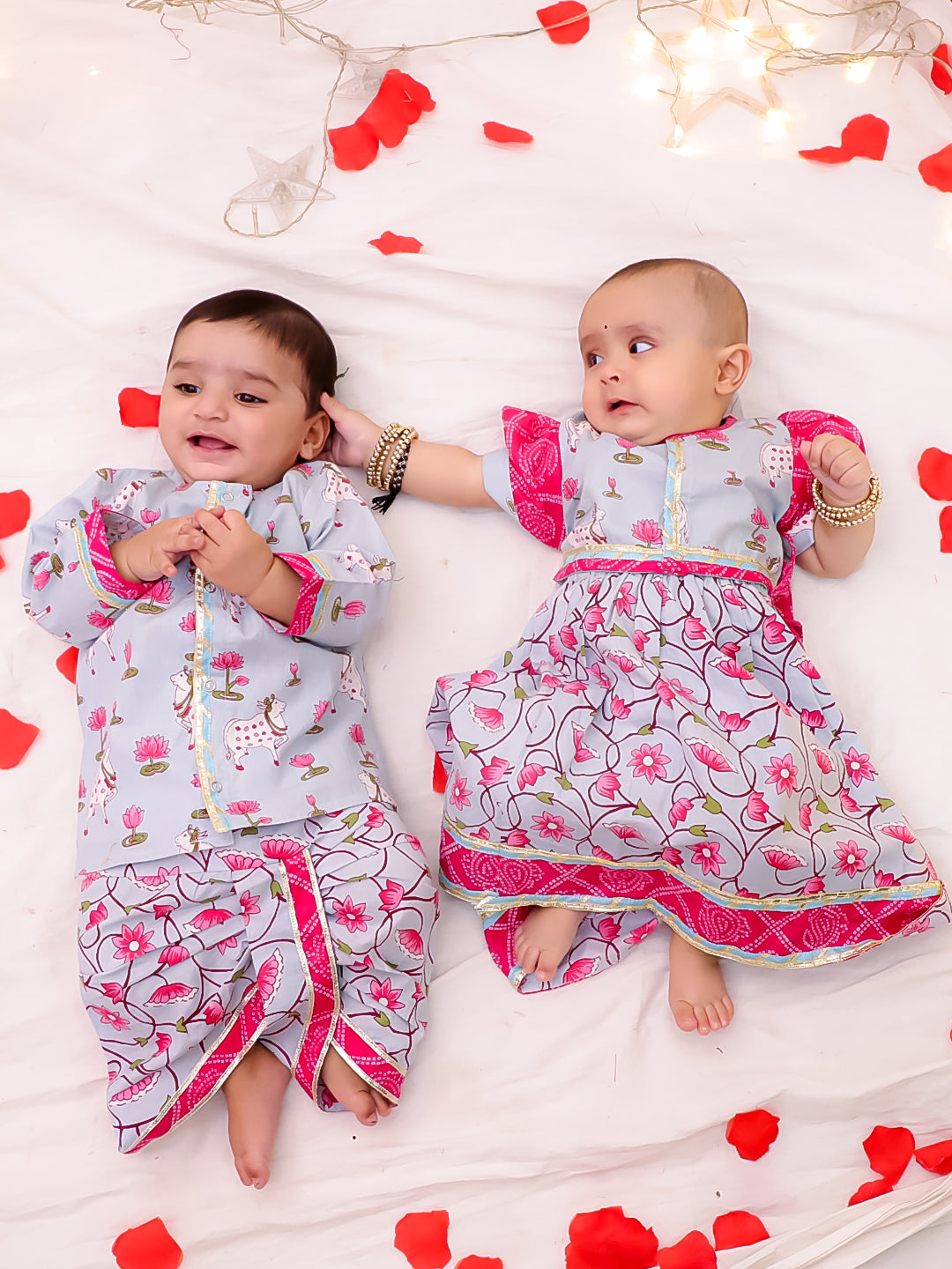 BownBee Festive Lehenga Choli & Dhoti Kurta Sibling Set for Infants | Traditional Rakhi & Wedding Wear – Sky Blue