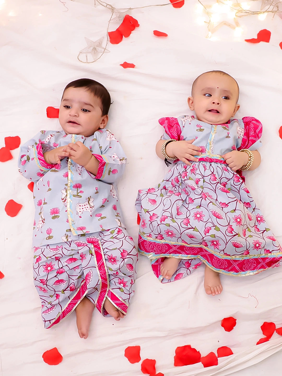 BownBee Festive Lehenga Choli & Dhoti Kurta Sibling Set for Infants | Traditional Rakhi & Wedding Wear – Sky Blue (Pre-Order)