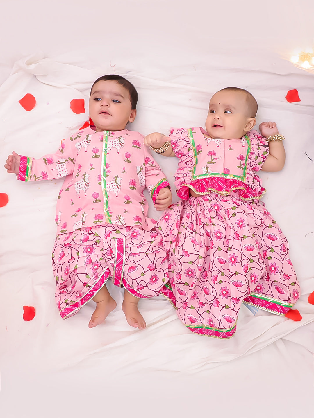 BownBee Festive Lehenga Choli & Dhoti Kurta Sibling Set for Infants | Traditional Rakhi & Wedding Wear – Sky Blue