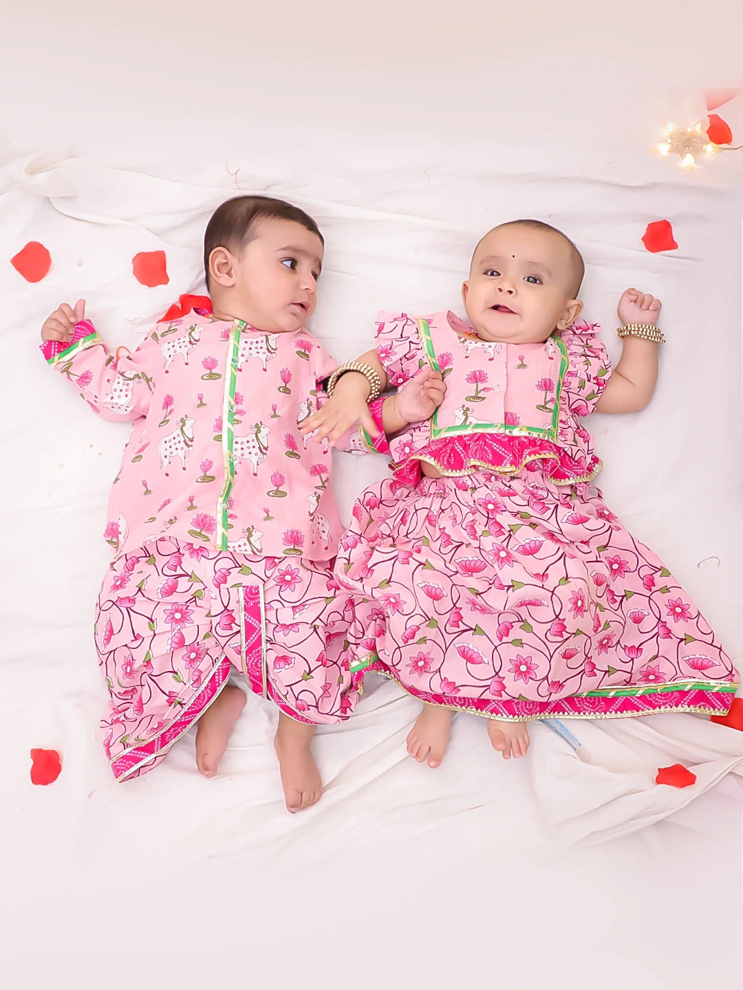 BownBee Festive Lehenga Choli & Dhoti Kurta Sibling Set for Infants | Traditional Rakhi & Wedding Wear – Sky Blue (Pre-Order)